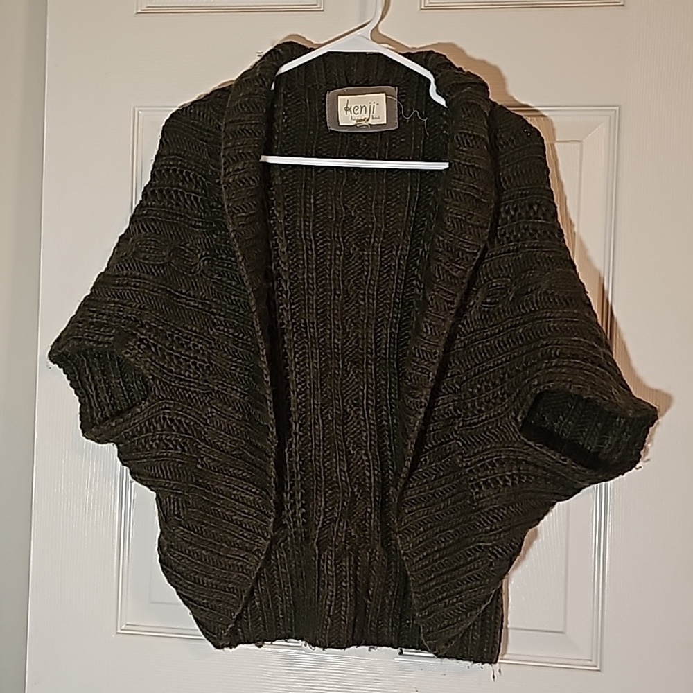 Kenji Hand Knit Open Front Cardigan Sweater Short Sleeve Wool Blend Size L